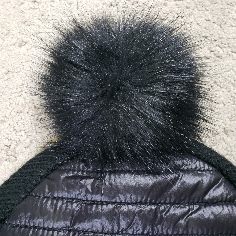 Hunter Beanie Hat Black Baffle Quilted Faux Fur Pom Ski Cap Tuque Bobble Boggan - Picture 3 of 8